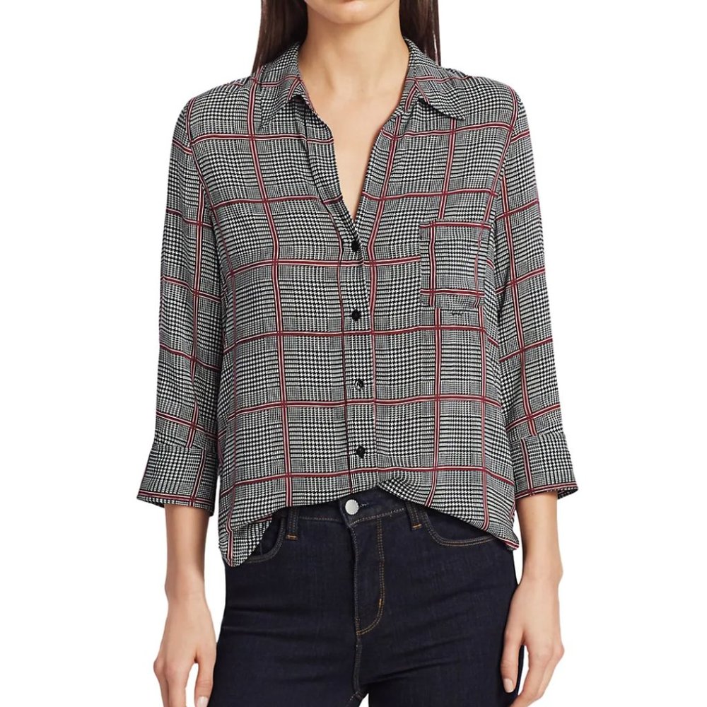 L'AGENCE Ryan Autumn Pfeiffer Black and Red Plaid 3/4" Sleeve Blouse NEW Medium
